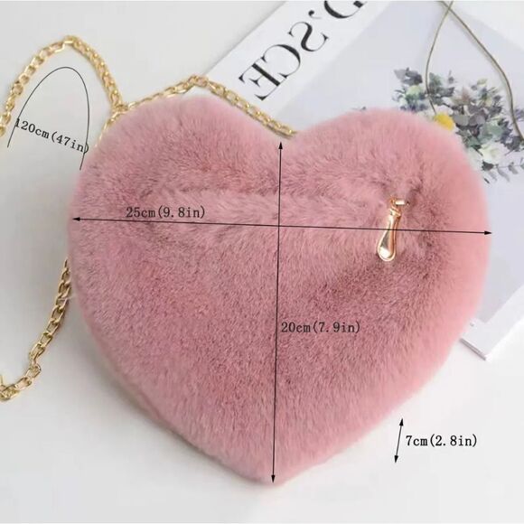 Heart Shaped Fluffy Shoulder Bag, Fashion Chain Crossbody Bag, Cute Zipp… - Picture 3 of 5